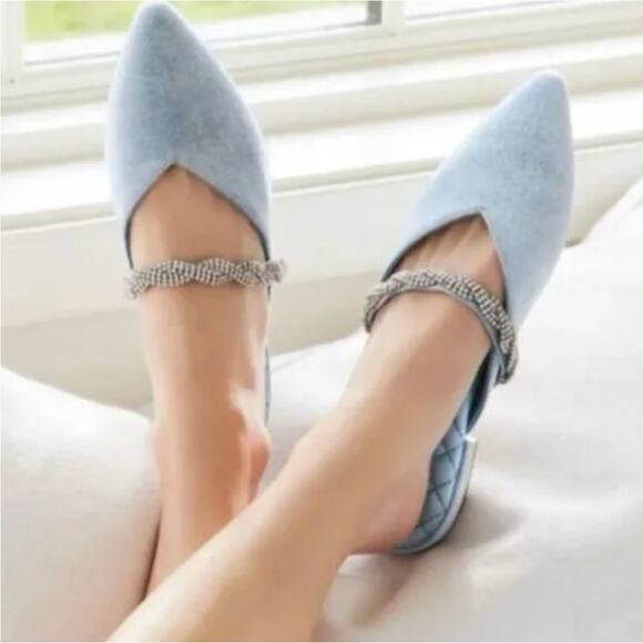 BIRDIES The Swan Velvet Crystal Mule Flats Slides Bluebell Dusty Blue Sz 8 - Picture 1 of 7